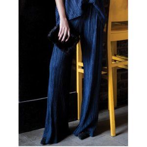 Ronen Chen Crepe Style Palazzo Wide Leg Pants Blue